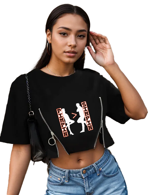 Ladies Women Pimpin vs Men Simpin Croptop Zipper Tee